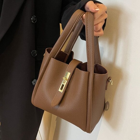 Brown PU Leather Turn Lock Mini Tote - Picture 1 of 6